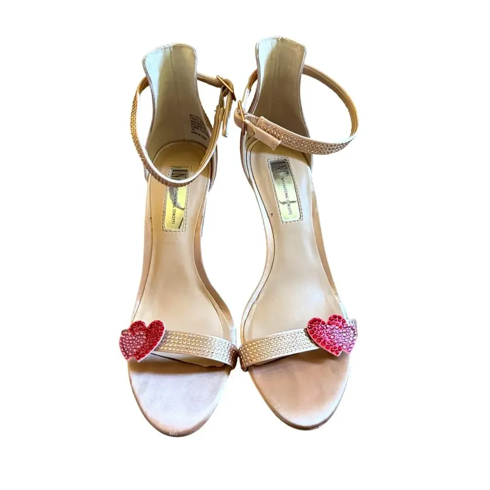 Macy's 7 Rayelle y2k Rhinestone HEARTS Strappy Sandals CRYSTAL Champagne Heels - Picture 3 of 10